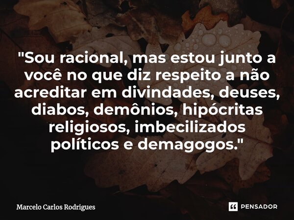 ⁠"Sou racional, mas estou junto a você no que diz respeito a não acreditar em divindades, deuses, diabos, demônios, hipócritas religiosos, imbecilizados po... Frase de Marcelo Carlos Rodrigues.