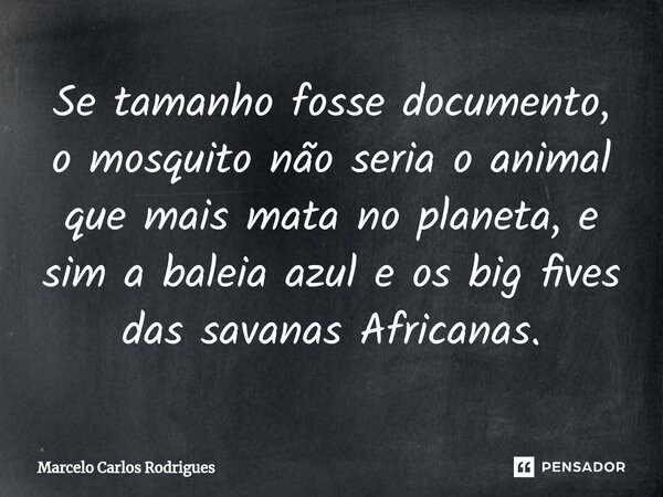 ⁠Se tamanho fosse documento, o mosquito não seria o animal que mais mata no planeta, e sim a baleia azul e os big fives das savanas Africanas.... Frase de Marcelo Carlos Rodrigues.