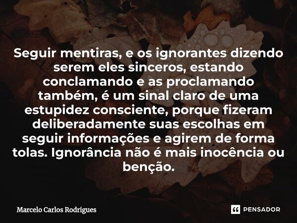 ⁠Seguir mentiras, e os ignorantes dizendo serem eles sinceros, estando conclamando e as proclamando também, é um sinal claro de uma estupidez consciente, porque... Frase de Marcelo Carlos Rodrigues.