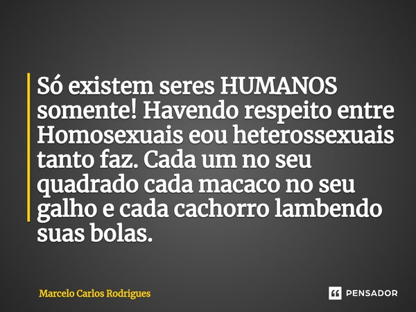 Só existem seres HUMANOS somente! Havendo respeito entre Homosexuais eou heterossexuais tanto faz. Cada um no seu quadrado cada macaco no seu galho e cada cacho... Frase de Marcelo Carlos Rodrigues.