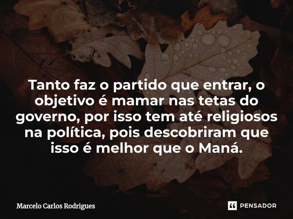 ⁠ Tanto faz o partido que entrar, o objetivo é mamar nas tetas do governo, por isso tem até religiosos na política, pois descobriram que isso é melhor que o Man... Frase de Marcelo Carlos Rodrigues.