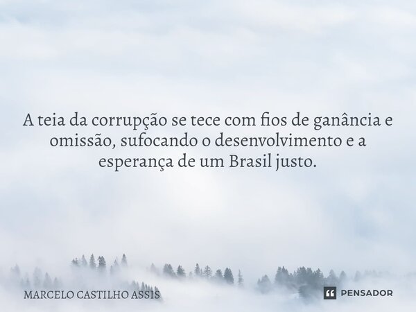 A teia da corrupção se tece com fios de ganância e omissão, sufocando o desenvolvimento e a esperança de um Brasil justo.... Frase de MARCELO CASTILHO ASSIS.