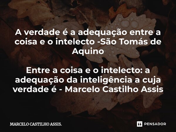 ⁠A verdade é a adequação entre a coisa e o intelecto -São Tomás de Aquino Entre a coisa e o intelecto: a adequação da inteligência a cuja verdade é - Marcelo Ca... Frase de MARCELO CASTILHO ASSIS..