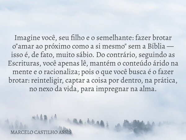 Imagine você, seu filho e o semelhante: fazer brotar o "amar ao próximo como a si mesmo" sem a Bíblia — isso é, de fato, muito sábio. Do contrário, se... Frase de MARCELO CASTILHO ASSIS.