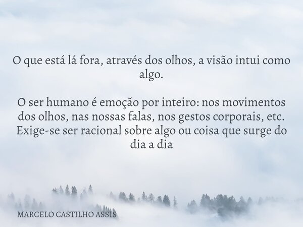O que está lá fora, através dos olhos, a visão intui como algo. O ser humano é emoção por inteiro: nos movimentos dos olhos, nas nossas falas, nos gestos corpor... Frase de MARCELO CASTILHO ASSIS.