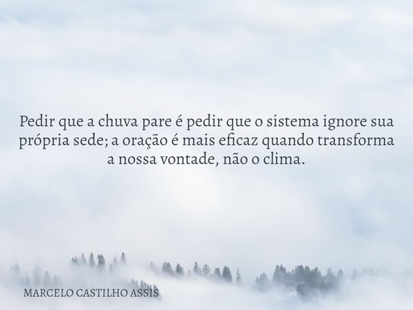 Pedir que a chuva pare é pedir que o sistema ignore sua própria sede; a oração é mais eficaz quando transforma a nossa vontade, não o clima.... Frase de MARCELO CASTILHO ASSIS.