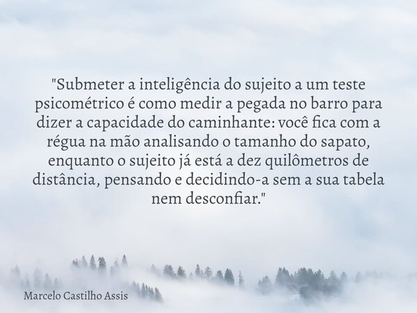 "Submeter a inteligência do sujeito a um teste psicométrico é como medir a pegada no barro para dizer a capacidade do caminhante: você fica com a régua na ... Frase de Marcelo Castilho Assis.