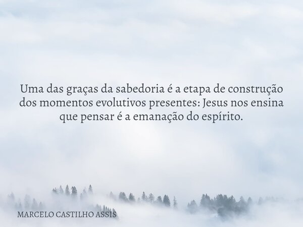 Uma das graças da sabedoria é a etapa de construção dos momentos evolutivos presentes: Jesus nos ensina que pensar é a emanação do espírito.... Frase de MARCELO CASTILHO ASSIS.
