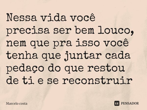 Nessa vida você precisa ser bem louco, nem que pra isso você tenha que juntar cada pedaço do que restou de ti e se reconstruir... Frase de Marcelo Costa.
