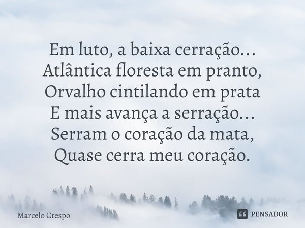 ⁠Em luto, a baixa cerração...
Atlântica floresta em pranto,
Orvalho cintilando em prata
E mais avança a serração...
Serram o coração da mata,
Quase cerra meu co... Frase de Marcelo Crespo.