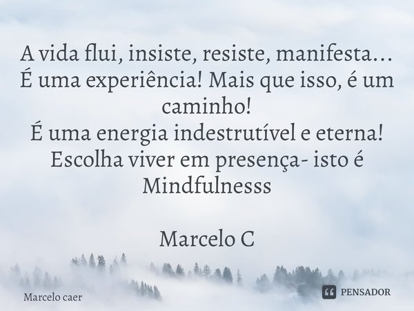 ⁠A vida flui, insiste, resiste, manifesta... É uma experiência! Mais que isso, é um caminho! É uma energia indestrutível e eterna! Escolha viver em presença- is... Frase de Marcelo Csermák.