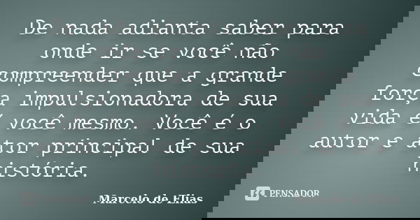 De nada adianta saber para onde ir se você não compreender que a grande força impulsionadora de sua vida é você mesmo. Você é o autor e ator principal de sua hi... Frase de Marcelo de Elias.