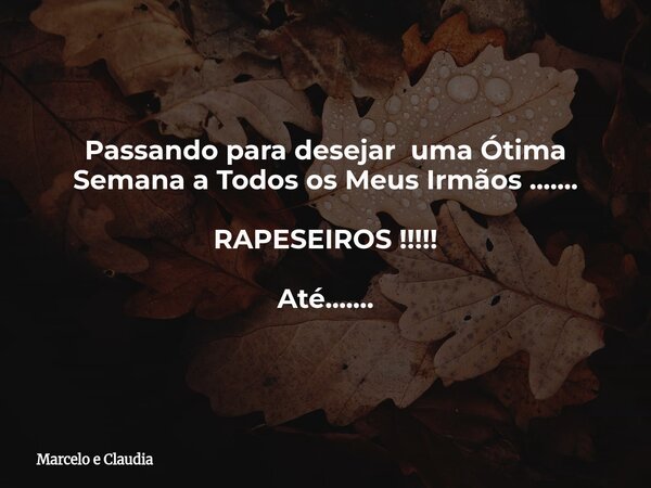 Passando para desejar uma Ótima Semana a Todos os Meus Irmãos ....... RAPESEIROS !!!!! Até.......... Frase de Marcelo e Claudia.