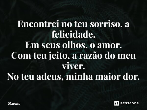 Encontrei no teu sorriso, a felicidade. Em seus olhos, o amor. Com teu jeito, a razão do meu viver. No teu adeus, minha maior dor.... Frase de Marcelo.