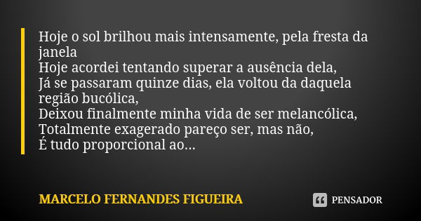 Hoje o sol brilhou mais intensamente, pela fresta da janela Hoje acordei tentando superar a ausência dela, Já se passaram quinze dias, ela voltou da daquela reg... Frase de Marcelo Fernandes Figueira.