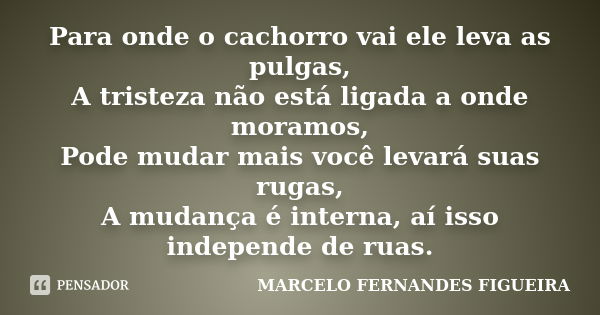 Para onde o cachorro vai ele leva as pulgas, A tristeza não está ligada a onde moramos, Pode mudar mais você levará suas rugas, A mudança é interna, aí isso ind... Frase de MARCELO FERNANDES FIGUEIRA.