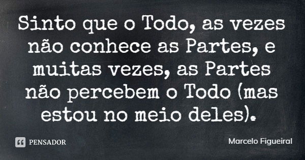 Sinto que o Todo, as vezes não conhece as Partes, e muitas vezes, as Partes não percebem o Todo (mas estou no meio deles).... Frase de Marcelo Figueiral.