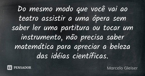 Do mesmo modo que você vai ao teatro assistir a uma ópera sem saber ler uma partitura ou tocar um instrumento, não precisa saber matemática para apreciar a bele... Frase de Marcelo Gleiser.