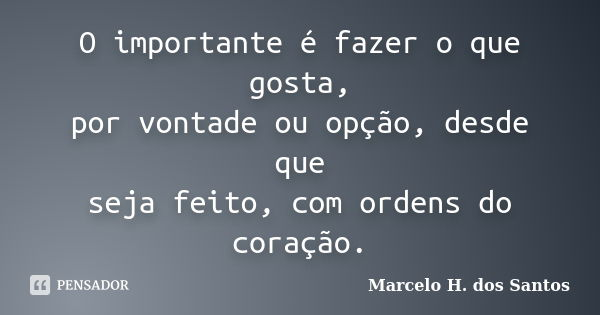 O importante é fazer o que gosta, por vontade ou opção, desde que seja feito, com ordens do coração.... Frase de Marcelo H. dos Santos.