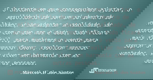 O instante em que conseguimos ajustar, o equilíbrio de ser um só dentro de milhões, e se adaptar a realidade, de acordo com o que nos é dado, tudo ficará mais f... Frase de Marcelo H. dos Santos.