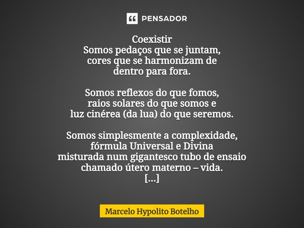 ⁠Coexistir Somos pedaços que se juntam, cores que se harmonizam de dentro para fora. Somos reflexos do que fomos, raios solares do que somos e luz cinérea (da l... Frase de Marcelo Hypolito Botelho.