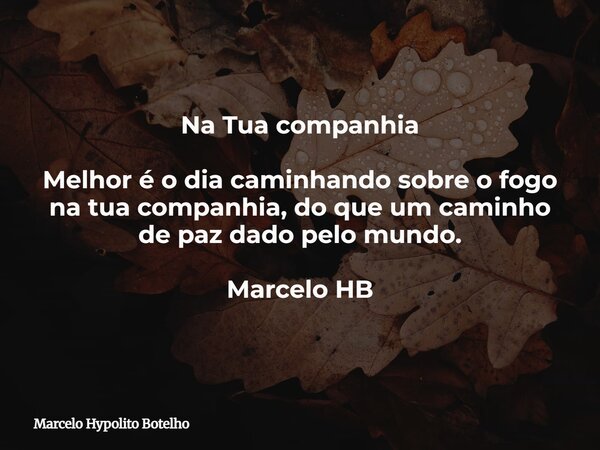 Na Tua companhia Melhor é o dia caminhando sobre o fogo na tua companhia, do que um caminho de paz dado pelo mundo. Marcelo HB... Frase de Marcelo Hypolito Botelho.