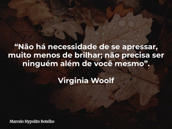 “Não há necessidade de se apressar, muito menos de brilhar; não precisa ser ninguém além de você mesmo”. Virginia Woolf... Frase de Marcelo Hypolito Botelho.