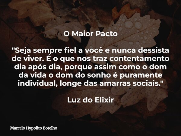 O Maior Pacto "Seja sempre fiel a você e nunca dessista de viver. É o que nos traz contentamento dia após dia, porque assim como o dom da vida o dom do son... Frase de Marcelo Hypolito Botelho.