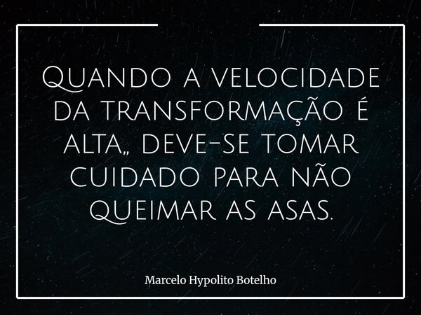 Quando a velocidade da transformação é alta,, deve-se tomar cuidado para não queimar as asas.... Frase de Marcelo Hypolito Botelho.