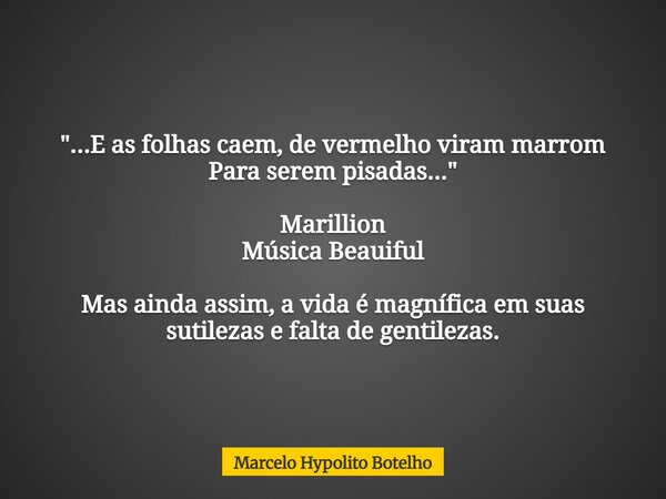 "...E as folhas caem, de vermelho viram marrom Para serem pisadas..." Marillion Música Beauiful Mas ainda assim, a vida é magnífica em suas sutilezas ... Frase de Marcelo Hypolito Botelho.