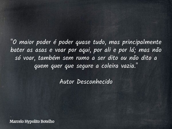 "O maior poder é poder quase tudo, mas principalmente bater as asas e voar por aqui, por ali e por lá; mas não só voar, também sem rumo a ser dito ou não d... Frase de Marcelo Hypolito Botelho.