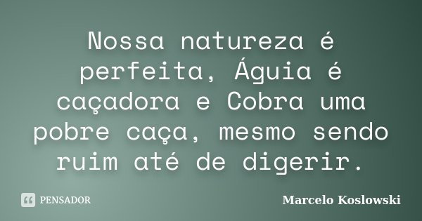 Nossa natureza é perfeita, Águia é caçadora e Cobra uma pobre caça, mesmo sendo ruim até de digerir.... Frase de Marcelo Koslowski.
