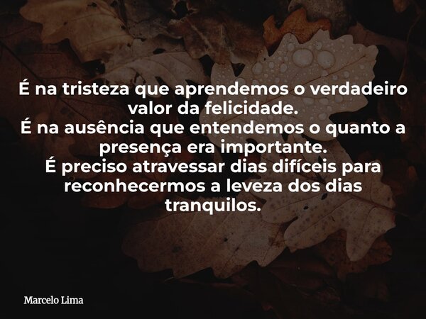 É na tristeza que aprendemos o verdadeiro valor da felicidade. É na ausência que entendemos o quanto a presença era importante. É preciso atravessar dias difíce... Frase de Marcelo Lima.
