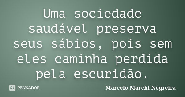 Uma sociedade saudável preserva seus sábios, pois sem eles caminha perdida pela escuridão.... Frase de Marcelo Marchi Negreira.