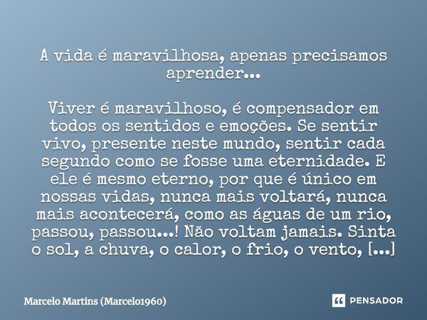 ⁠A vida é maravilhosa, apenas precisamos aprender... Viver é maravilhoso, é compensador em todos os sentidos e emoções. Se sentir vivo, presente neste mundo, se... Frase de Marcelo Martins (marcelo1960).