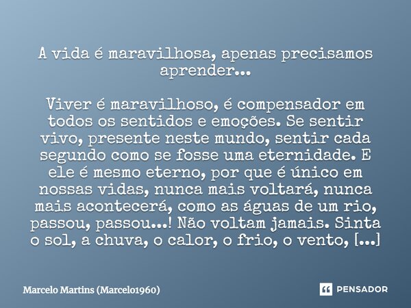 ⁠A vida é maravilhosa, apenas precisamos aprender... Viver é maravilhoso, é compensador em todos os sentidos e emoções. Se sentir vivo, presente neste mundo, se... Frase de Marcelo Martins (marcelo1960).