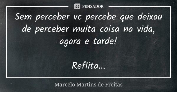 Sem perceber vc percebe que deixou de perceber muita coisa na vida, agora e tarde! Reflita...... Frase de Marcelo Martins de Freitas.