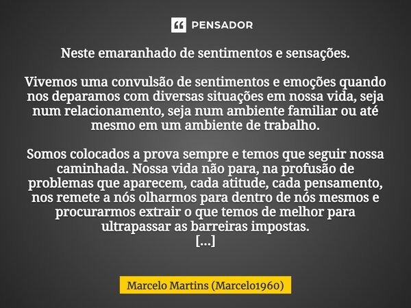 ⁠Neste emaranhado de sentimentos e sensações. Vivemos uma convulsão de sentimentos e emoções quando nos deparamos com diversas situações em nossa vida, seja num... Frase de Marcelo Martins (marcelo1960).