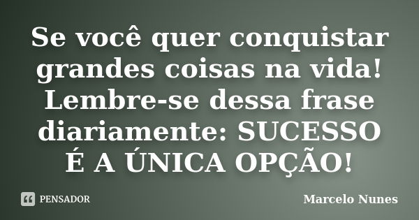 Se você quer conquistar grandes coisas na vida! Lembre-se dessa frase diariamente: SUCESSO É A ÚNICA OPÇÃO!... Frase de Marcelo Nunes.