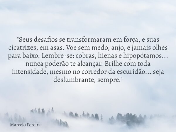 "Seus desafios se transformaram em força, e suas cicatrizes, em asas. Voe sem medo, anjo, e jamais olhes para baixo. Lembre-se: cobras, hienas e hipopótamo... Frase de Marcelo Pereira.