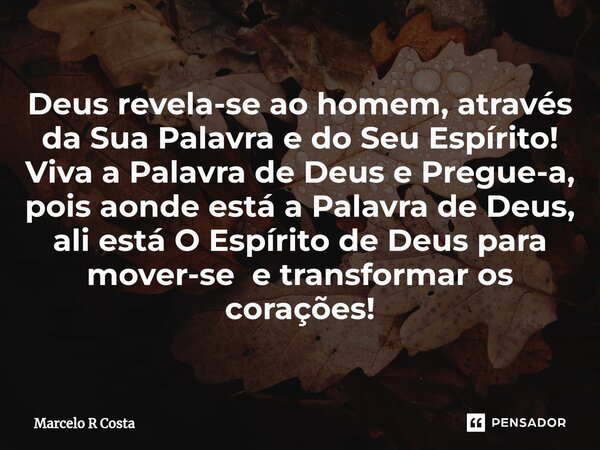 Deus revela-se ao homem, através da Sua Palavra e do Seu Espírito! Viva a Palavra de Deus e Pregue-a, pois aonde está a Palavra de Deus, ali está O Espírito de... Frase de Marcelo R Costa.