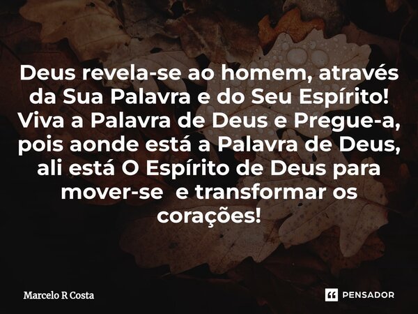 ⁠Deus revela-se ao homem, através da Sua Palavra e do Seu Espírito! Viva a Palavra de Deus e Pregue-a, pois aonde está a Palavra de Deus, ali está O Espírito de... Frase de Marcelo R Costa.