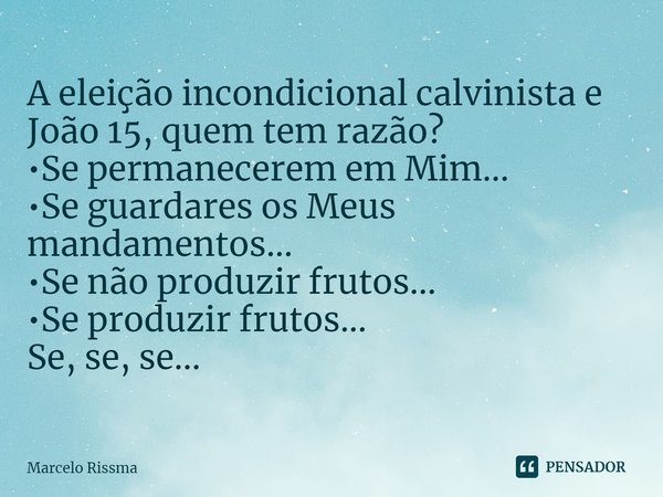 ⁠A eleição incondicional calvinista e João 15, quem tem razão?
•Se permanecerem em Mim...
•Se guardares os Meus mandamentos...
•Se não produzir frutos...
•Se pr... Frase de Marcelo Rissma.