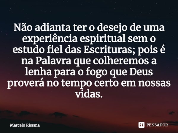 ⁠Não adianta ter o desejo de uma experiência espiritual sem o estudo fiel das Escrituras; pois é na Palavra que colheremos a lenha para o fogo que Deus proverá ... Frase de Marcelo Rissma.