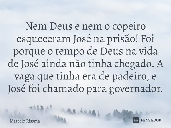 ⁠Nem Deus e nem o copeiro esqueceram José na prisão! Foi porque o tempo de Deus na vida de José ainda não tinha chegado. A vaga que tinha era de padeiro, e José... Frase de Marcelo Rissma.