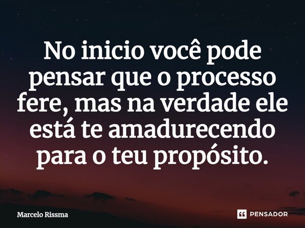⁠No inicio você pode pensar que o processo fere, mas na verdade ele está te amadurecendo para o teu propósito.... Frase de Marcelo Rissma.