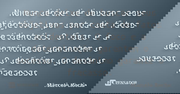 Nunca deixe de buscar seus objetivos por conta de fatos acidentais. O foco e a determinação garantem o sucesso. O desânimo garante o fracasso.... Frase de Marcelo Rocha.