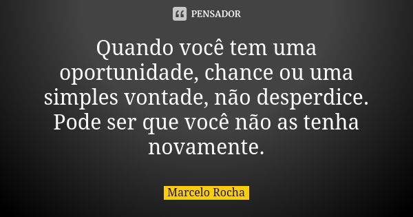 Quando você tem uma oportunidade, chance ou uma simples vontade, não desperdice. Pode ser que você não as tenha novamente.... Frase de Marcelo Rocha.