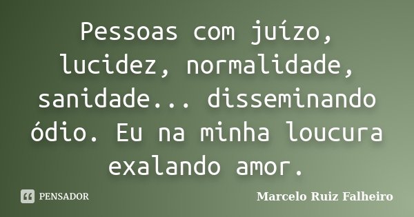 Pessoas com juízo, lucidez, normalidade, sanidade... disseminando ódio. Eu na minha loucura exalando amor.... Frase de Marcelo Ruiz Falheiro.