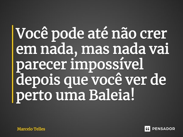 ⁠Você pode até não crer em nada, mas nada vai parecer impossível depois que você ver de perto uma Baleia!... Frase de Marcelo Telles.